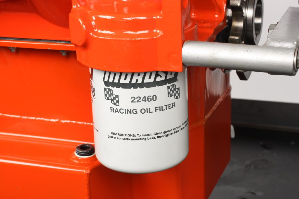 moroso oil filter installed in a v8 engine