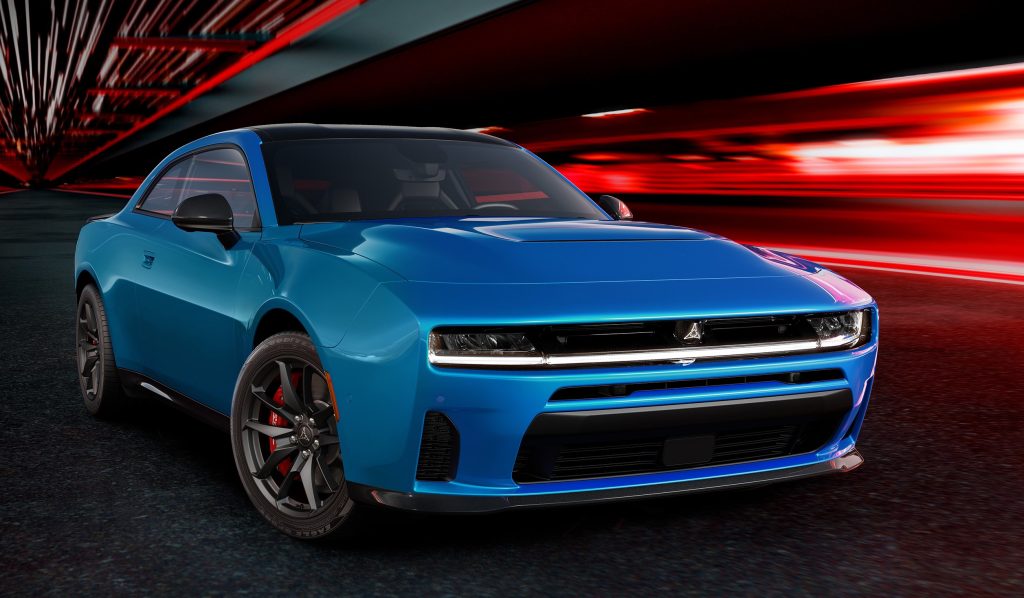 blue dodge charger preproduction vehicle, front quarter