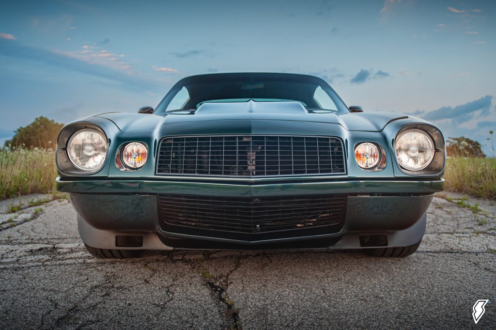 front bumper grille shot of a custom 1974 Chevy Camaro