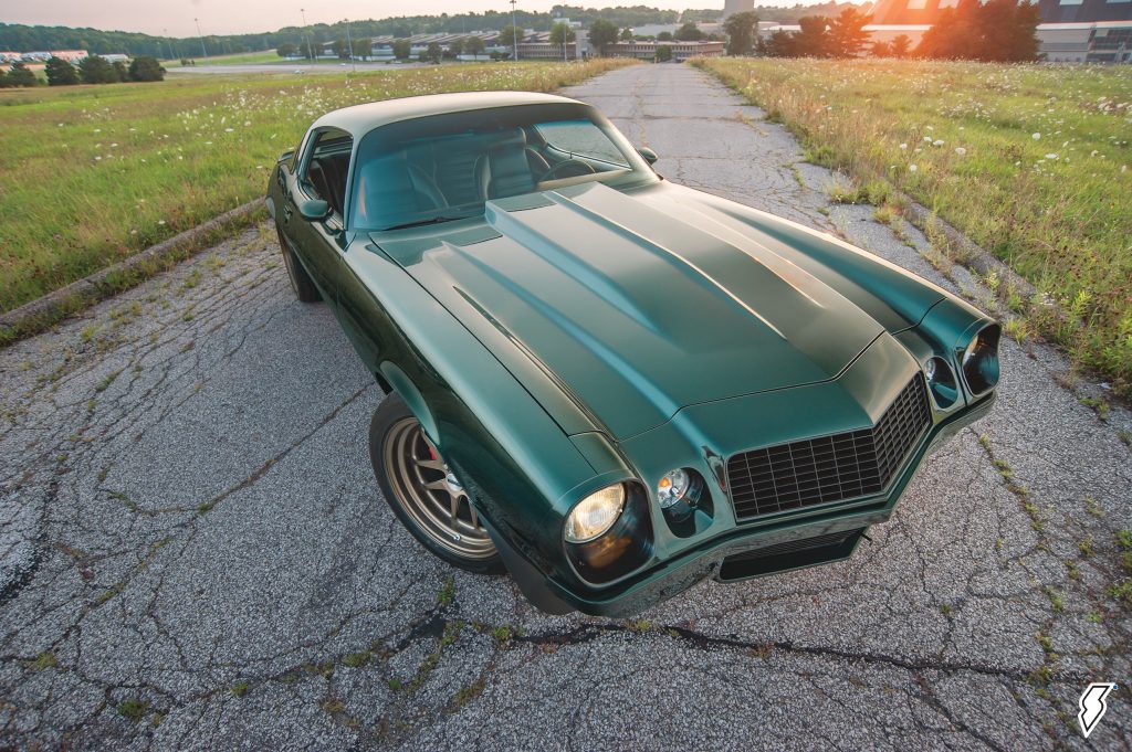 overhead quarter shot of a custom 1974 Chevy Camaro
