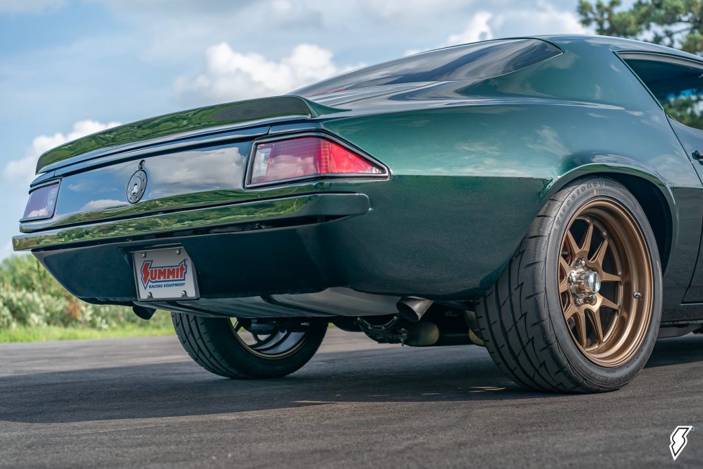 rear bumper view of a a custom 1974 Chevy Camaro