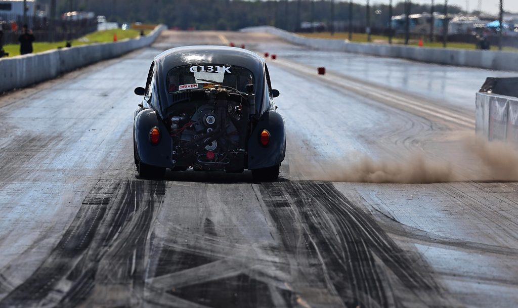 VW Beetle Bug doing a burnout at dragstrip
