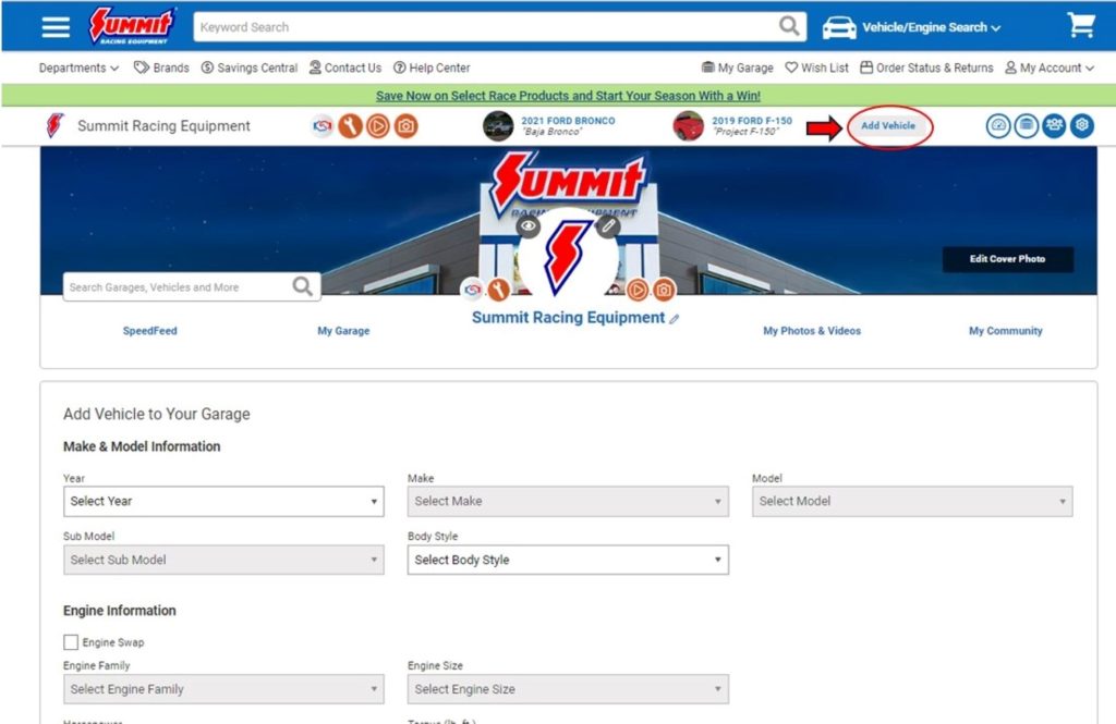 Screenshot of Summit Racing MyGarage add vehicle button