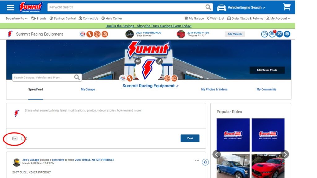 Screenshot of Summit Racing MyGarage phot upload button