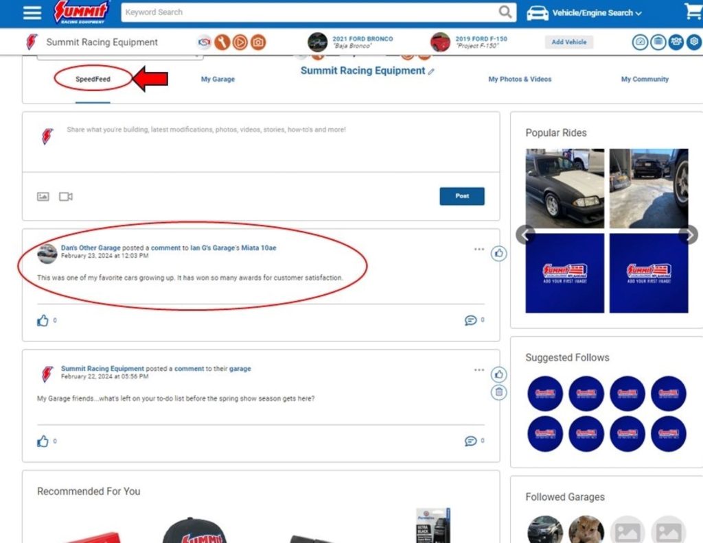 Screenshot of Summit Racing MyGarage sample post