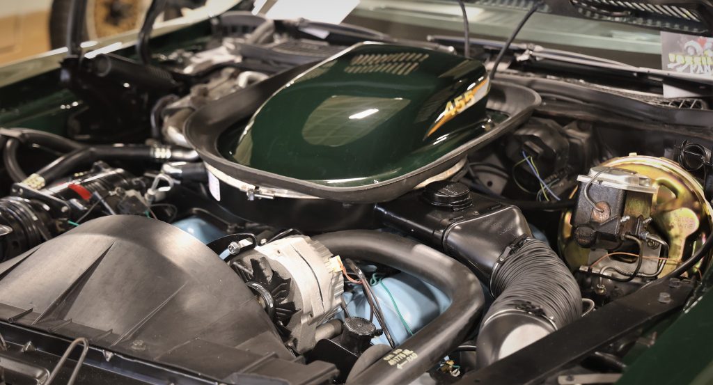 pontiac 455 v8 engine with shaker hood in a trans am
