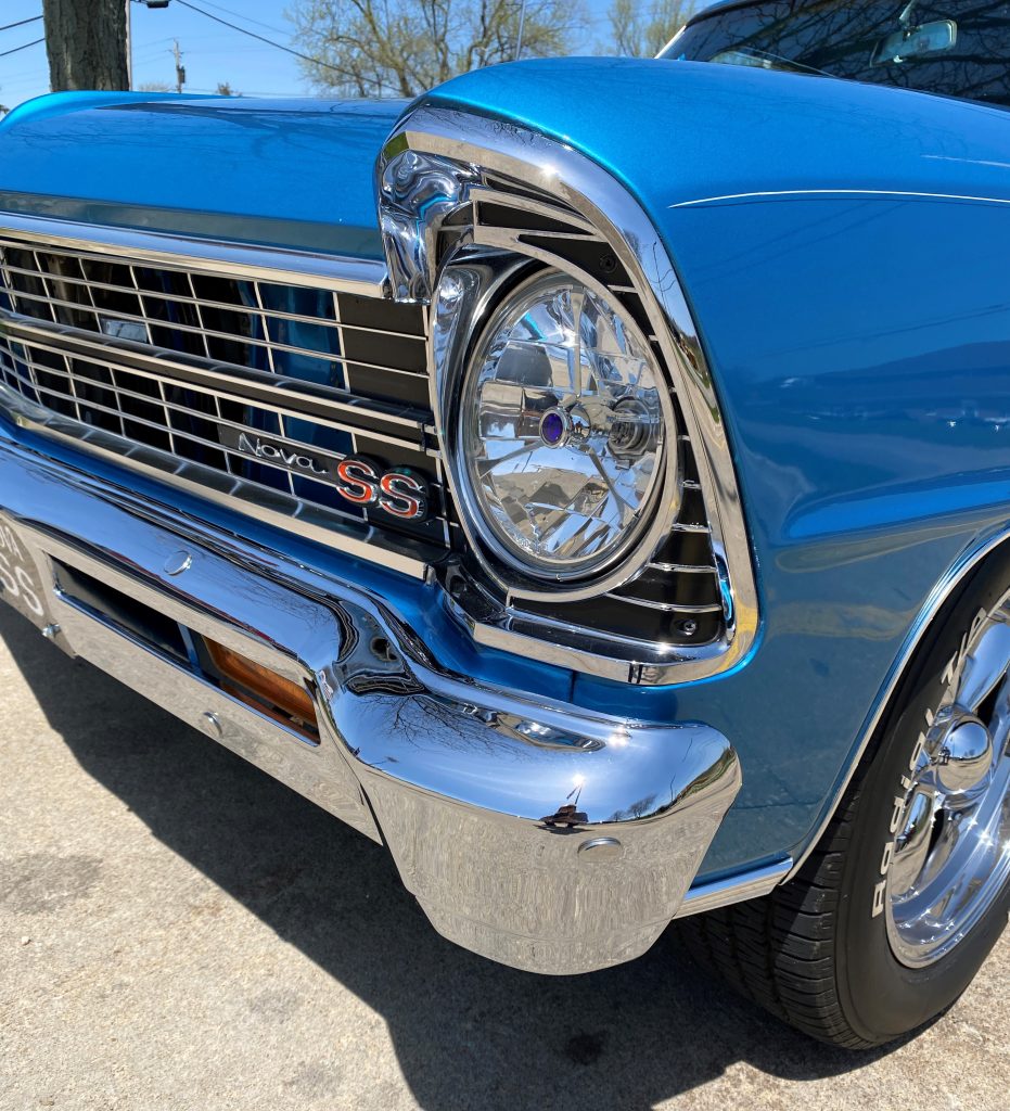 close up of headlight bezel on a 1967 chevy II nova ss