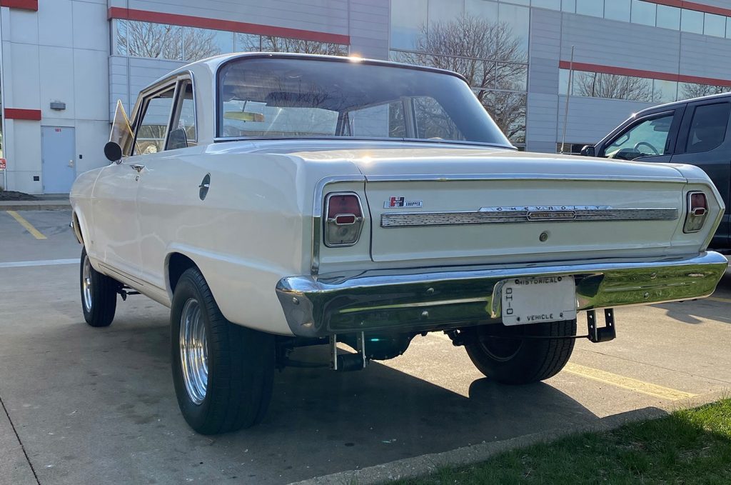 rear view of a vintage chevy ii nova gasser