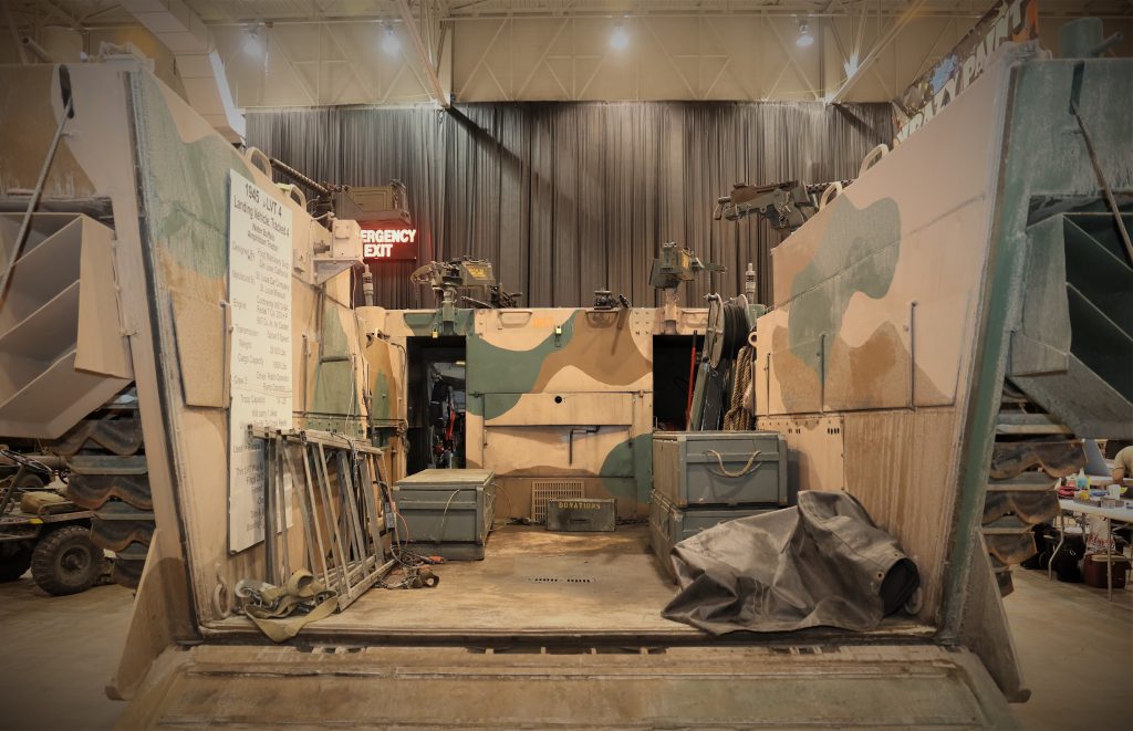 Rear view of the stern cargo area of an LVT military landing craft