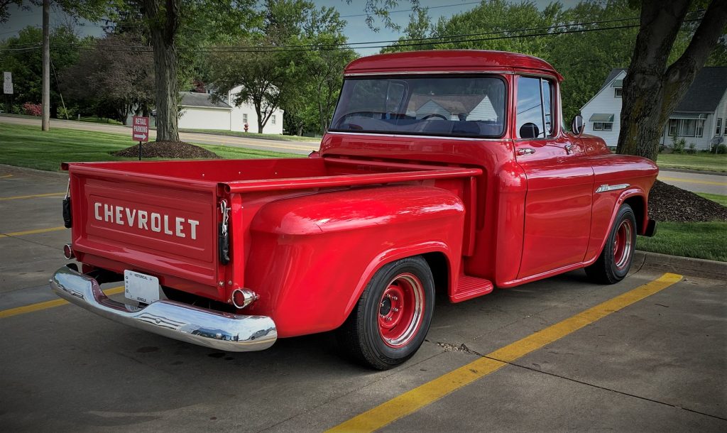 1955 Chevy 3100 Task Force Truck, rear tailgate view
