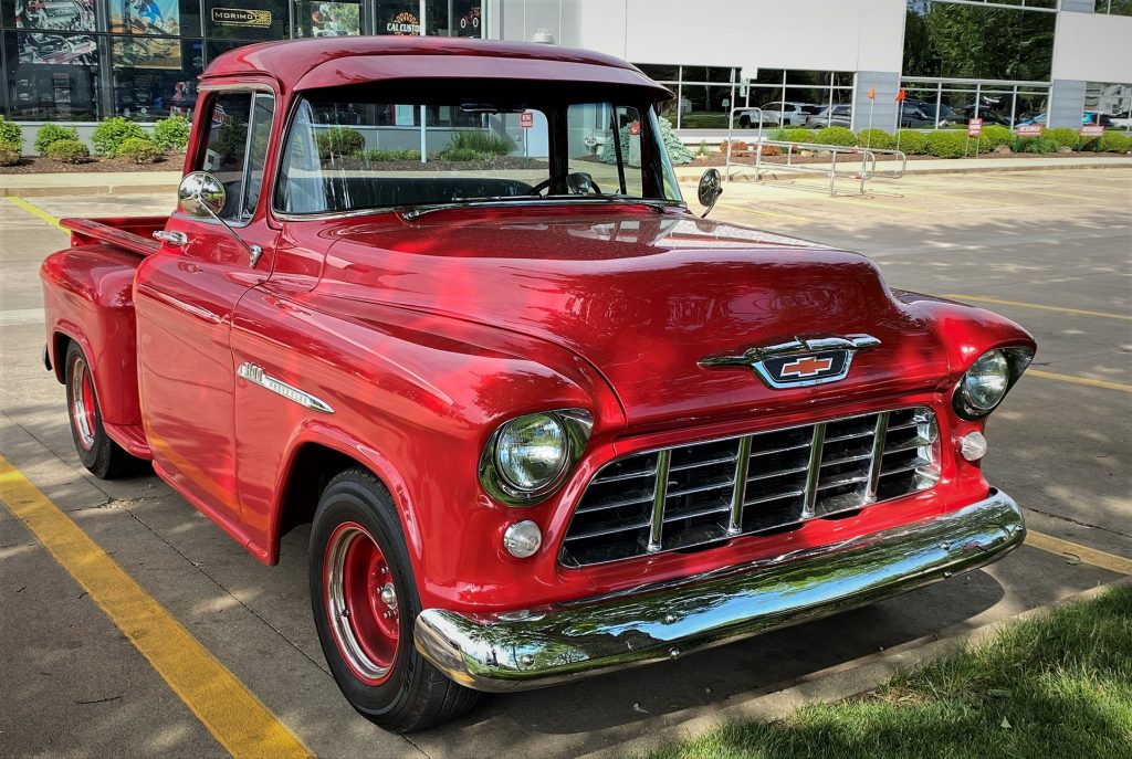 red 1955 chevy 3100 task force pickup truck, front