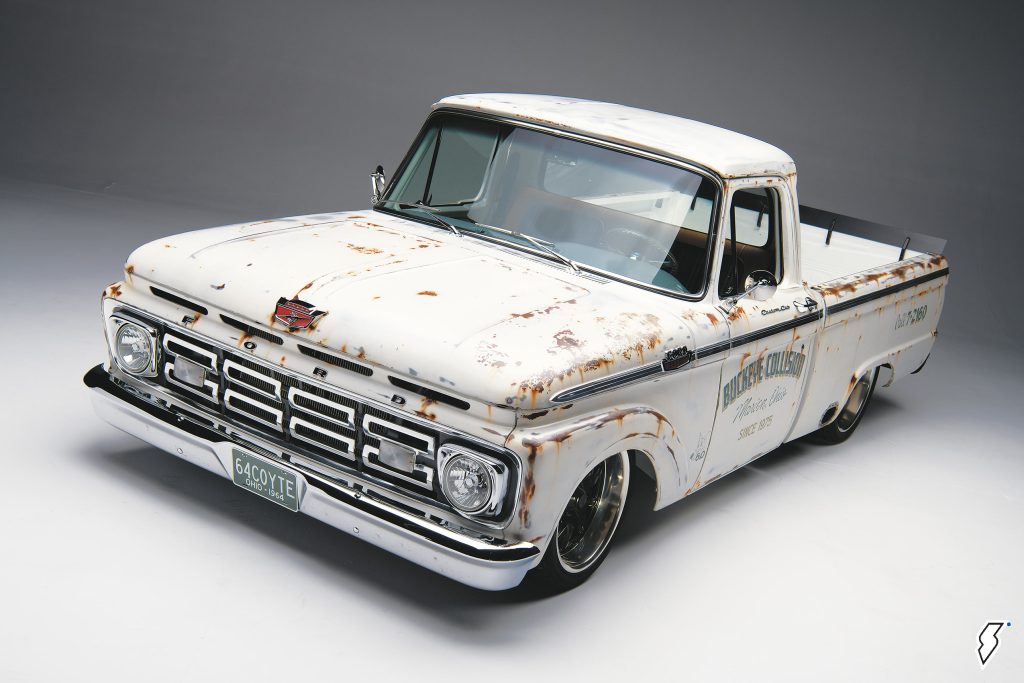 white 1964 Ford F100 pickup truck restomod, front quarter