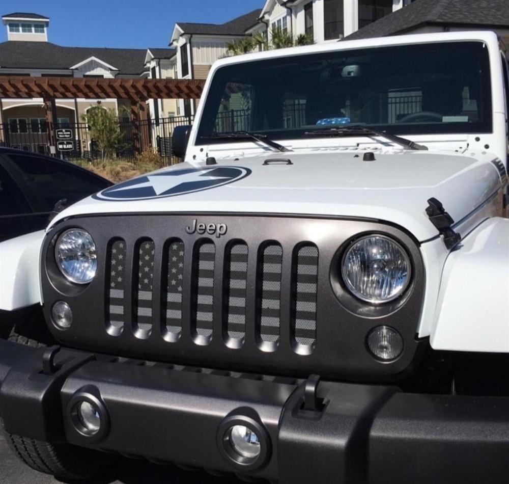 Jeep Wrangler with an american flag grille insert