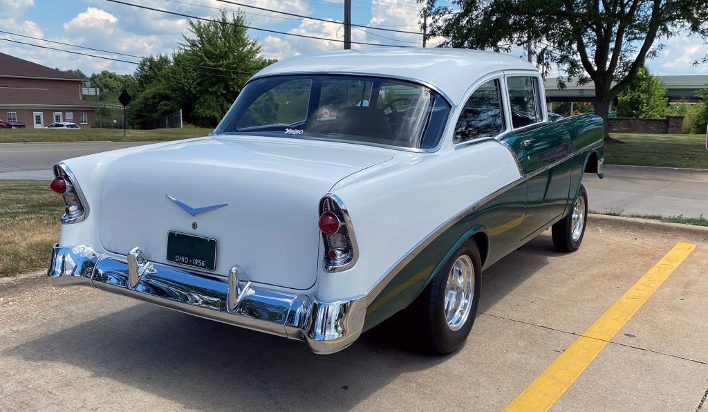 Rear view of a 1956 gasser chevy