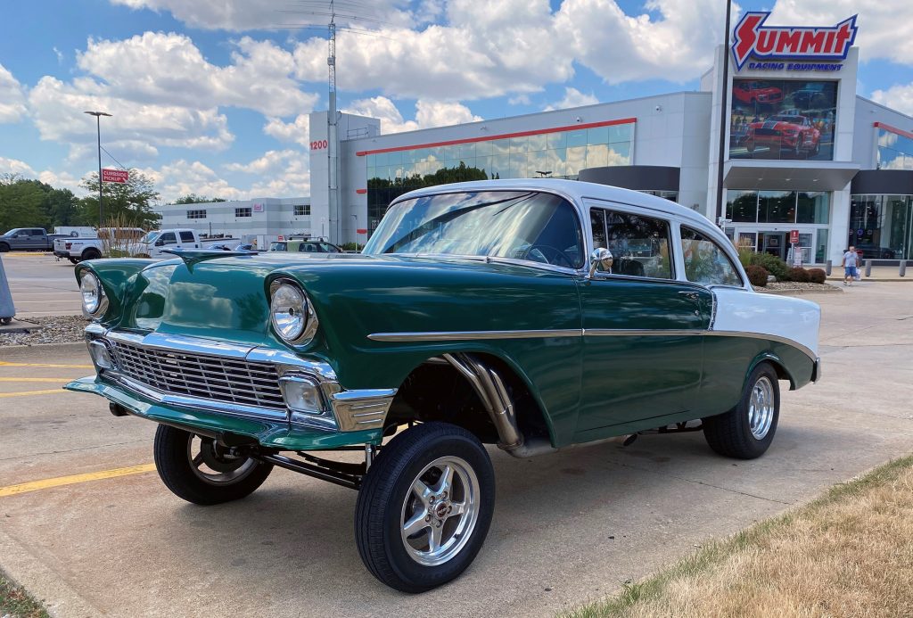 1956 gasser chevy at summit racing, wide shot